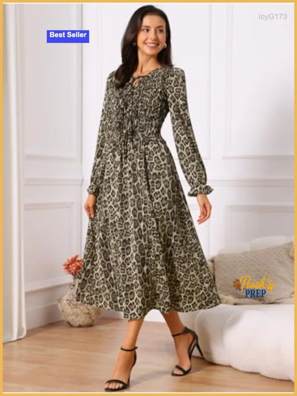 Long Sleeve Tie Neck A-Line Leopard Print Flowy Midi Dress with Pockets